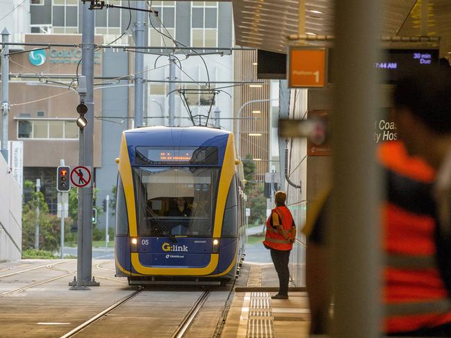 Opening morning of the Stage 2 of the Gold Coast light rail (g:link). The first tram leaving from GCUH to Helensvale.  Picture: Jerad Williams