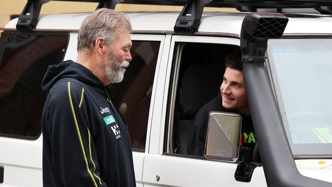 Neil Balme, pictured chatting with Liam Baker in May, has again been linked to the Crows. Picture: Michael Klein