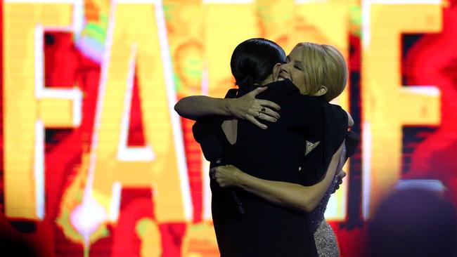 Celebrations ... Kylie Minogue embraces Tina Arena as she inducts her into the ARIA Hall Of Fame. Picture: Graham Denholm/Getty Images