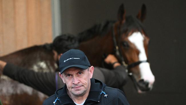 Chris Waller will saddle up Soulcombe (behind), More Felons, Magical Lagoon and Sheraz in Tuesday’s Melbourne Cup. Picture: Vince Caligiuri / Getty Images