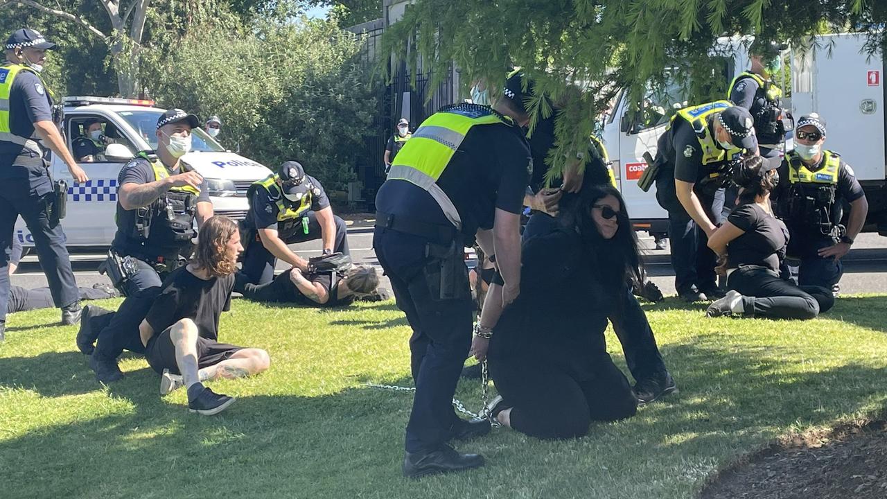 Several protesters were arrested outside the Flemington Racecourse on Tuesday. Picture: Twitter/JMFenwick