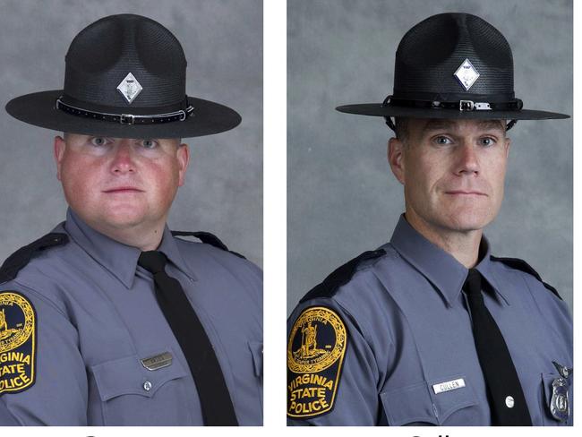 Virginia state troopers Berke Bates and Jay Cullen were killed on Saturday when the helicopter they were piloting crashed. Picture: Virginia State Police via AP