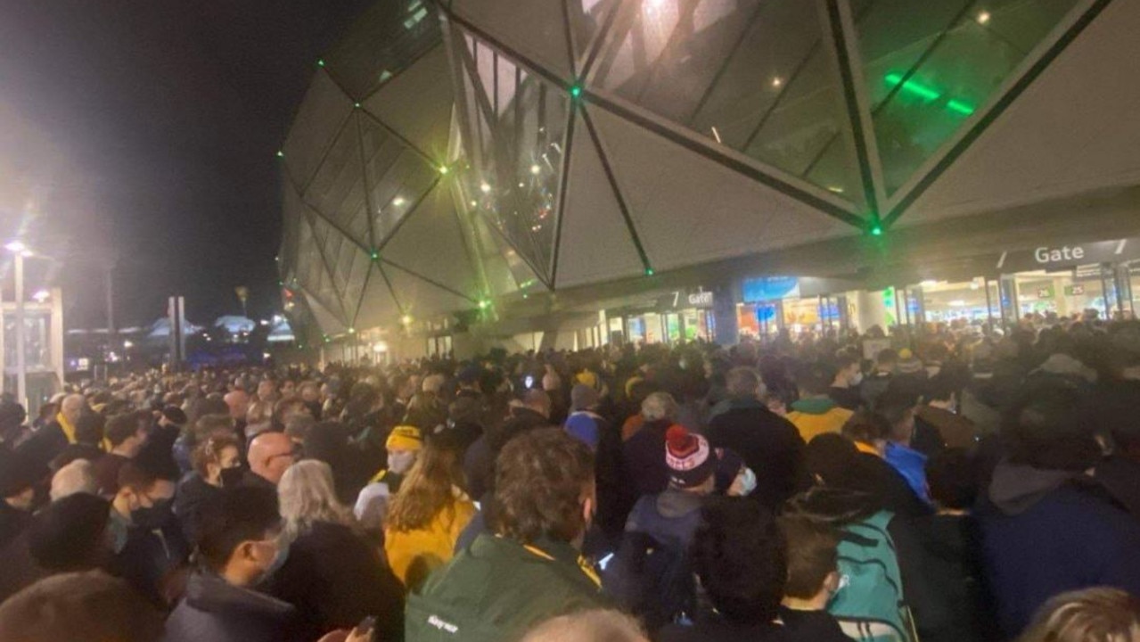 Victorian health authorities are furious at AAMI Park management after photos showed spectators packed tightly as they waited to enter Gate 7. Picture: Brianna Travers