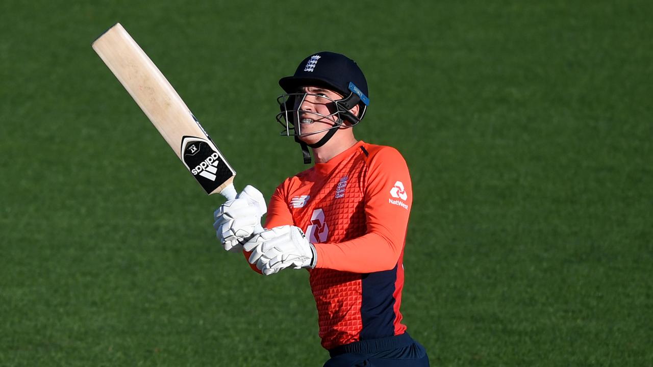 Tom Banton skies a ball during his T20 debut for England against New Zealand.