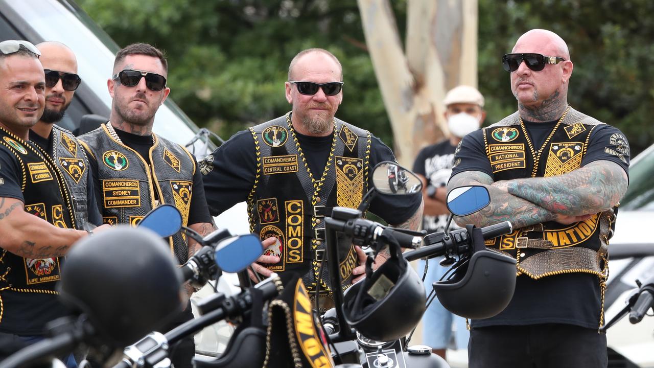 Former Comanchero national president Mick Murray (far right) and the new president Allan Meehan (third from left) pictured in 2021. Picture: NCA NewsWire/David Crosling