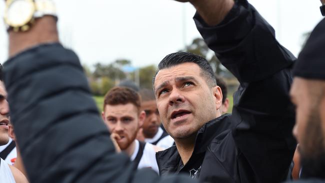 Oakleigh District coach Dom Carosella working the huddle.