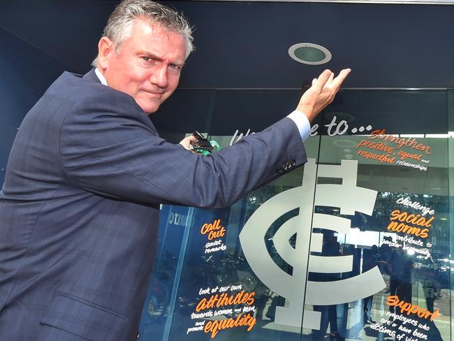 AFLW Season opener between Carlton and Collingwood at Ikon Park. Collingwood Football Club President, Eddie McGuire enters enemy territory. Picture: Tony Gough