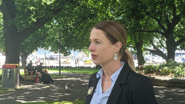 Labor leader Rebecca White speaks to the media on Parliament Lawns in Hobart on Wednesday December 2, 2020.