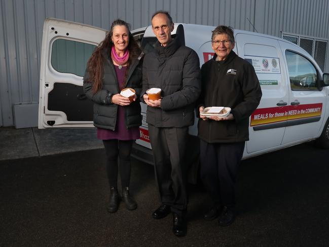 Hobart City Mission volunteers Deb Cooper and Clare Fuller with Italian Day Centre manager Stefano Lufi. The Italian Australian Seniors Welfare Association has won a grant to expand its food delivery service to people in need. Picture: Nikki Davis-Jones