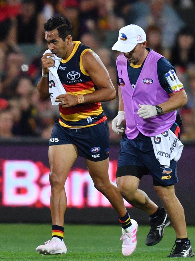 Eddie Betts after copping a knock to the face in the second term. Picture: AAP Image/David Mariuz