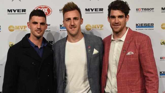 Magpies Scott Pendlebury, Lynden Dunn and Tyson Goldsack went casual but classy for the awards. Picture: Tony Gough