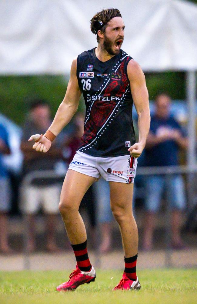 Tom Phillips playing for the Tiwi Bombers in the 2024-25 NTFL season. Picture: Patch Clapp / AFLNT Media