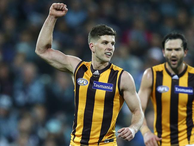 AFL - Port Adelaide v Hawthorn at Adelaide Oval. Luke Breust celebrates his goal with Jordan Lewis in the background. Picture Sarah Reed