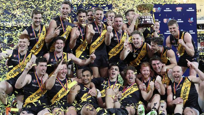 Glenelg celebrates winning the 2019 SANFL premiership. Picture: Sarah Reed