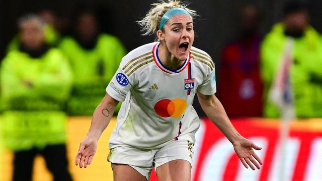 Lyon's Australian defender #12 Ellie Carpenter reacts during the UEFA Women's Champions League semi-final leg 1 of 2 football match between Olympique Lyonnais (OL) and Paris Saint-Germain (PSG) at the Parc Olympique Lyonnais stadium in Decines-Charpieu, central-eastern France, on April 20, 2024. (Photo by Olivier CHASSIGNOLE / AFP)