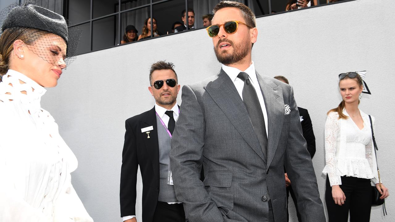 Sofia Richie (left) and Scott Disick (second from right) at AAMI Victoria Derby Day as part of the Melbourne Cup Carnival. Picture: Julian Smith/AAP