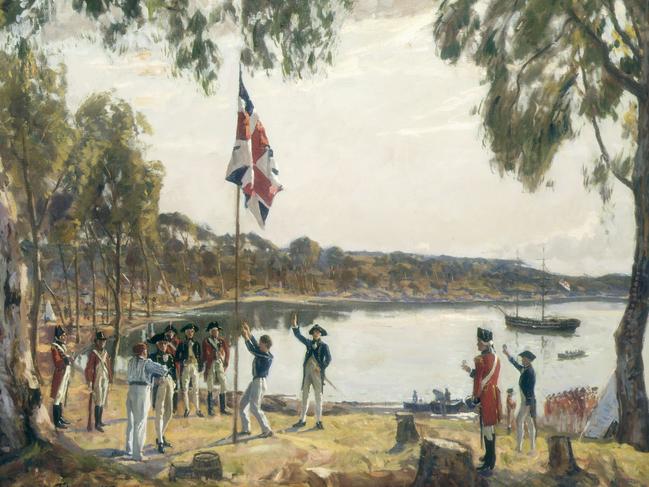 EMBARGOED UNTIL:  29/01/13... PIX STRICTLY FOR ONE-OFF LEARN POSTER - MUST CREDIT STATE LIBRARY OF NSW -The Founding of Australia. By Capt. Arthur Phillip R.N. Sydney Cove, Jan. 26th 1788| / Original [oil] sketch [1937] by Algernon Talmage R.A First Fleet, 1787-1788. (1) Picture: Supplied