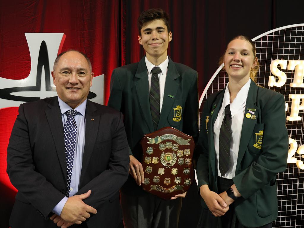 St Joseph's College Stanthorpe principal Andrew Kendall OAM with Dux recipients William Smith and Eliza Telfer at their awards night. Photo: Supplied