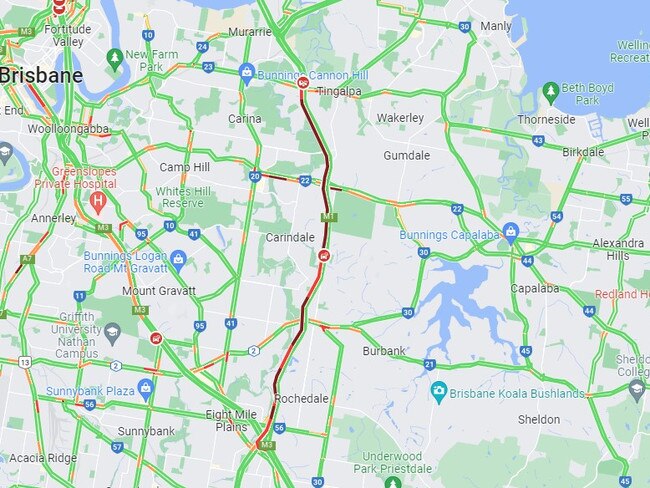 Traffic was banked back to the Gateway Mwy merge with the M1 at Eight Mile Plains by 6.45am. Picture: Google Maps.