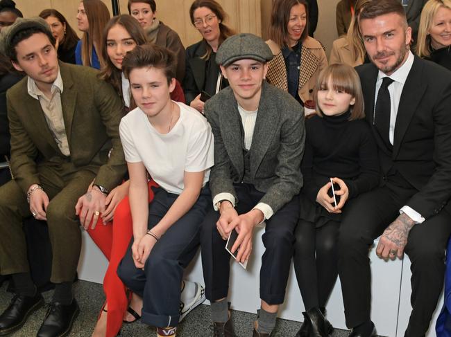 Brooklyn Beckham, Hana Cross, Cruz Beckham, Romeo Beckham, Harper Beckham, David Beckham attend the Victoria Beckham show during London Fashion Week February 2019. Picture: Getty