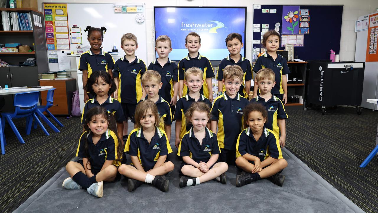 My First Year 2025 - Freshwater Christian College Prep B. From back row: Aayah, Archie, Huxley, Spencer, Zach, Summer, Camille, Leonardo, Mack, Leo, Kayden, Penelope, Lexie, Georgie, Shekinah. Picture: Brendan Radke