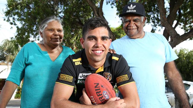 Tyson Stengle with his grandparents Emily and Cecil Betts after being drafted by Richmond. Picture: Stephen Laffer