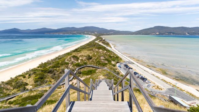 Truganini Lookout steps, and the boardwalk veering to the left which leads to the penguin viewing platform. Picture: Getty Images