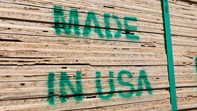 PASADENA, CALIFORNIA - MARCH 03: Stacks of U.S. lumber are stamped 'Made In USA' and available for sale at Home Depot on March 3, 2025 in Pasadena, California. President Donald Trump announced that 25 percent tariffs on both Canada and Mexico will begin tomorrow. Some 50 percent of imported lumber comes to the U.S. from Canada and lumber futures hit a two and a half year high today.   Mario Tama/Getty Images/AFP (Photo by MARIO TAMA / GETTY IMAGES NORTH AMERICA / Getty Images via AFP)