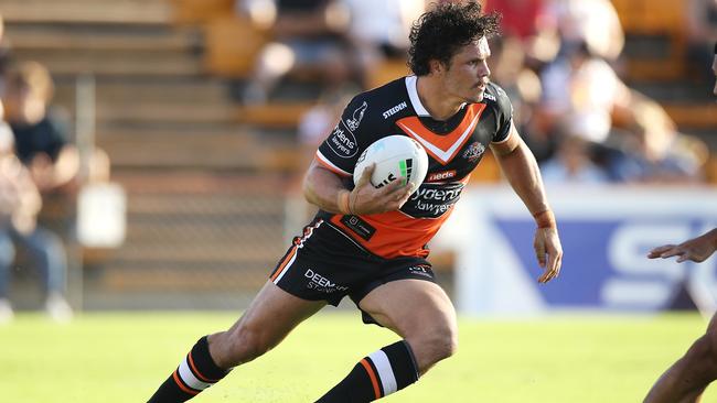 SYDNEY, AUSTRALIA - FEBRUARY 28: James Roberts of the Tigers runs the ball during the NRL Trial Match between the Wests Tigers and the Manly Sea Eagles at Leichhardt Oval on February 28, 2021 in Sydney, Australia. (Photo by Mark Kolbe/Getty Images)