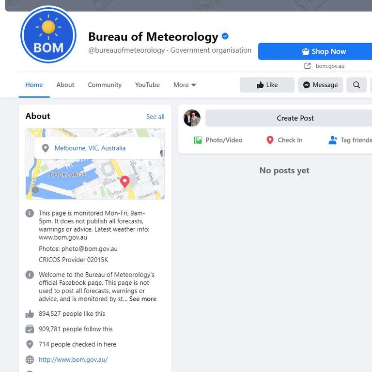 No information from the Bureau of Meteorology on Facebook.