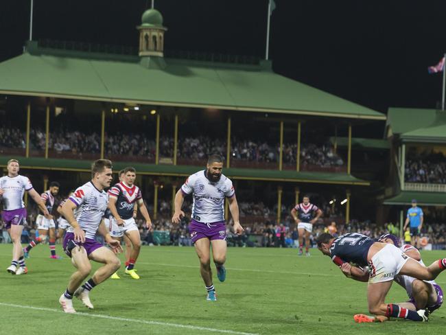 Boyd Cordner of the Roosters is tackled short of the line during the NRL Preliminary Final match between the Sydney Roosters and Melbourne Storm at the SCG in Sydney, Saturday, September 28, 2019. (AAP Image/Craig Golding) NO ARCHIVING, EDITORIAL USE ONLY