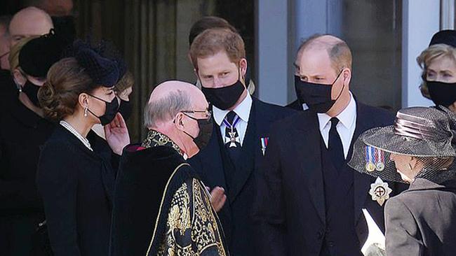 Prince Harry and Prince William walking together after the funeral service for Prince Philip. Picture: BBC