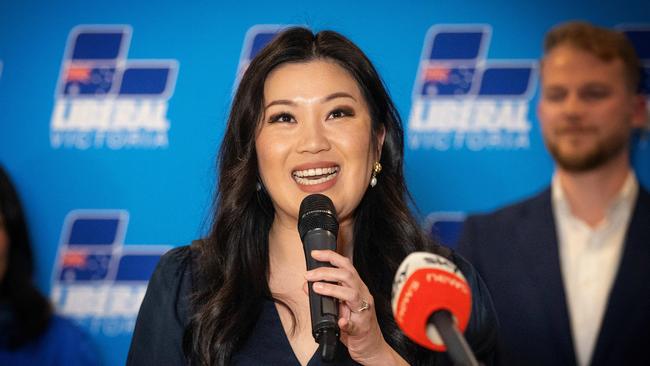 Liberal Nicole Werner gives her victory speech after winning the by-election for the seat of Warrandyte. Picture: Mark Stewart