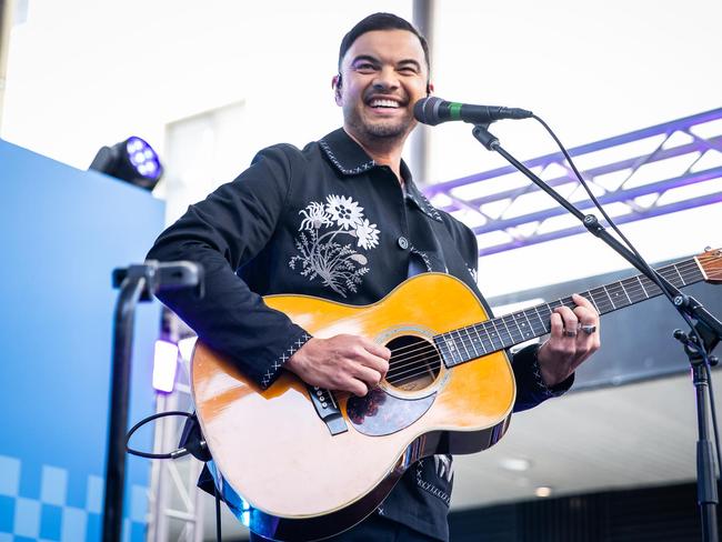 Mix102.3 Max & Ali to the Rescue with Sam Scully who wants to be a Policeman, Singer-songwriter, Guy Sebastian performs on stage on May 14th, 2024, in Rundle Mall, Adelaide.  Picture: Tom Huntley