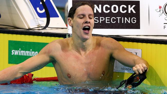 Mitch Larkin celebrates after winning the Australian Swimming Championships at the SA Aquatic Centre in Adelaide earlier this year. Picture: SARAH REED