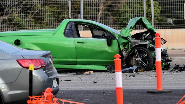 The crumpled front of the ute. Picture: Campbell Brodie