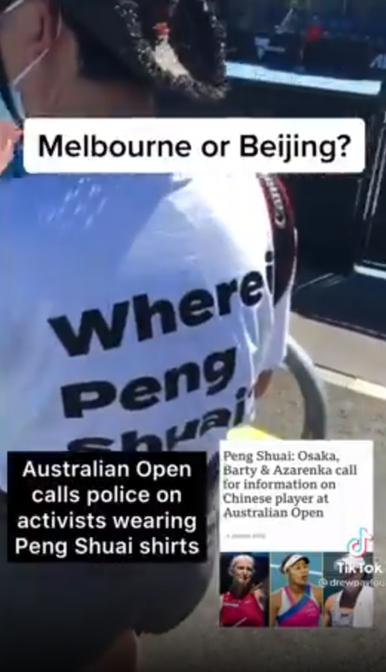 The shirt had the words "Where is Peng Shuai?" written on the back. Image: Twitter