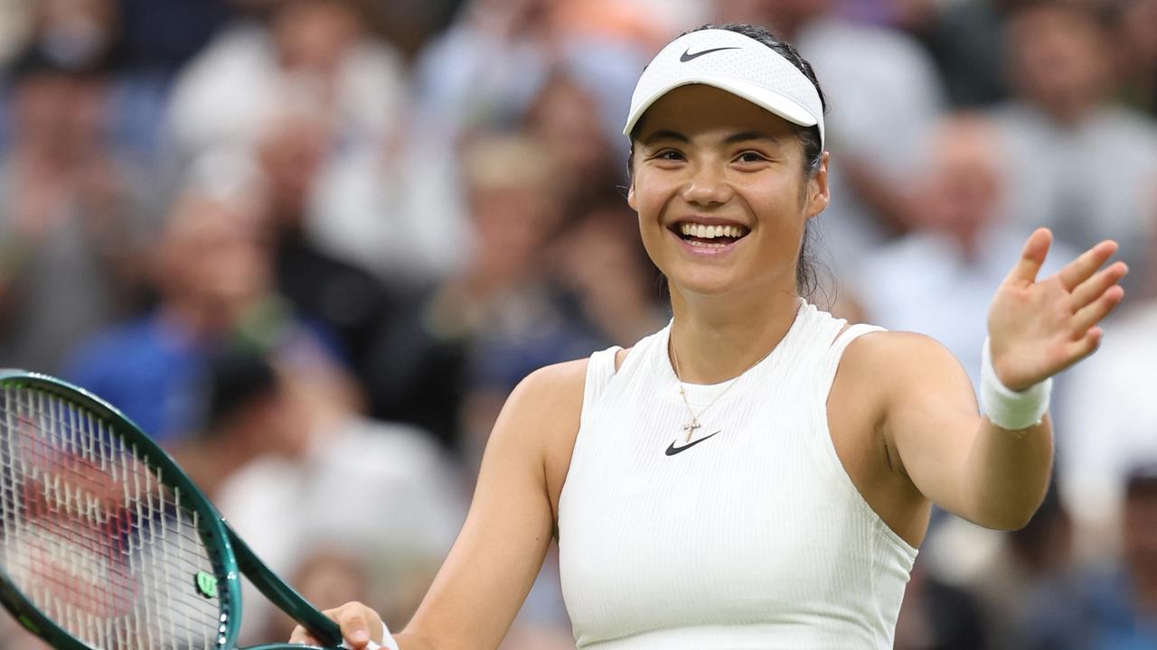 Emma Raducanu of Great Britain celebrates winning match point against Maria Sakkari. (Photo by Julian Finney/Getty Images)