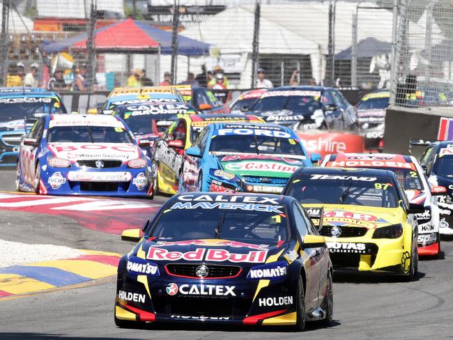 CLIPSAL 500 - SUNDAY - V8 racing in chicane. Jamie Whincup leads the field into the chicane. PIC SARAH REED.