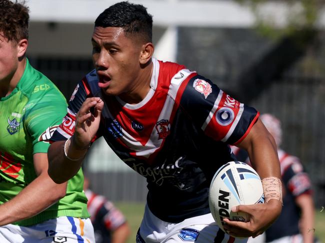 Roosters (number 4) Jordan Swann with the ball, Roosters v Raiders, S. G. Ball Cup, Mascot Oval. Roosters win 30 to 24. 3rd April 2021. Picture by Damian Shaw