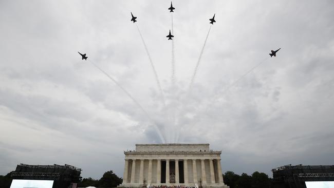 Flyovers of fighter jets took place throughout Donald Trump’s speech. Picture: AP.