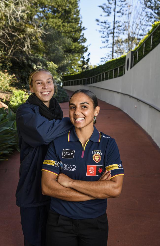 Brisbane Lions player Courtney Hodder (right) with St Joseph's College student and Lions academy player Sienna Wilson at the First Nation's Women In Business breakfast hosted by TSBE at Picnic Point function centre, Thursday, June 5, 2025. Picture: Kevin Farmer