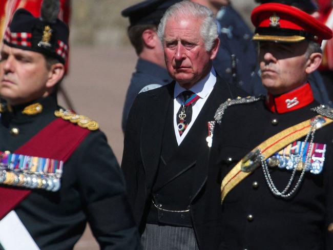 Prince Charles, follows his father’s coffin during the ceremonial funeral procession to St George's Chapel in Windsor Castle in Windsor. Picture: Steve Parsons/POOL/AFP