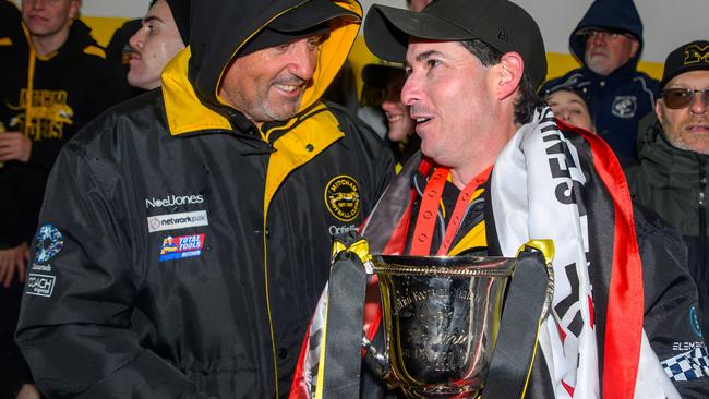 EFNL 2024: Mitcham president Matt McCubbin (right) soaks in the premiership celebrations. Picture: Leesa Clarkson