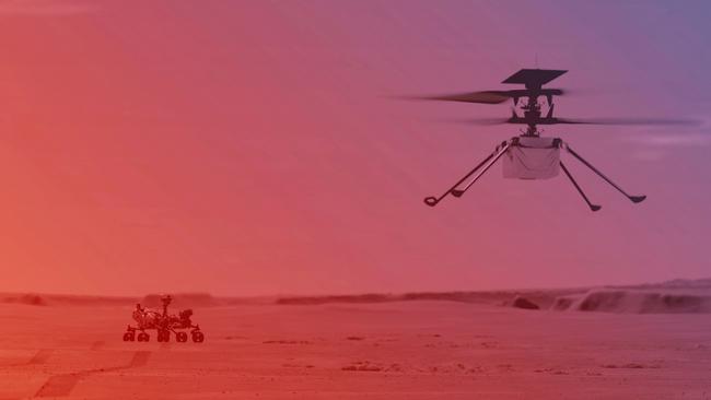 This NASA photo obtained on March 23, 2021 shows an illustration of NASA’s Ingenuity Helicopter flying on Mars. Picture: AFP