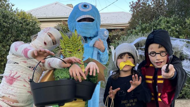 Felix, Zephyr, Ellen, Alina, and Eli trick-or-treating in Ballarat Central.