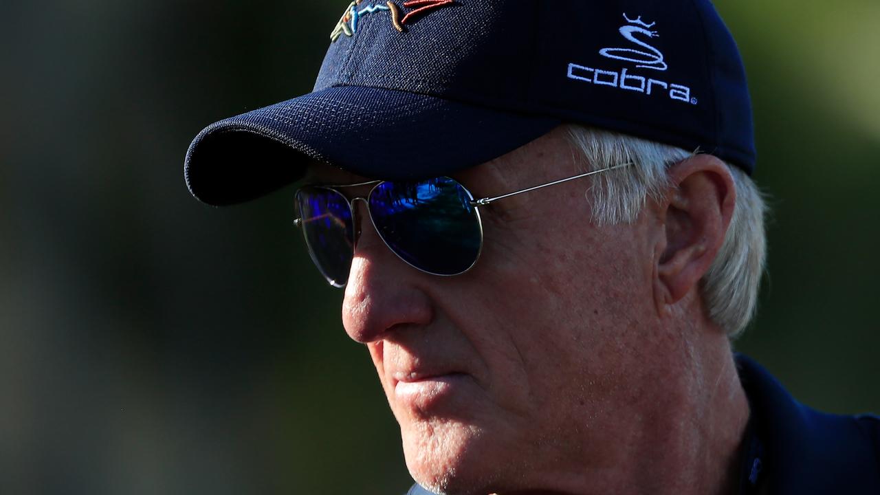 NAPLES, FLORIDA - DECEMBER 13: Greg Norman looks on over the 18th green during the final round of the QBE Shootout at Tiburon Golf Club on December 13, 2020 in Naples, Florida. (Photo by Cliff Hawkins/Getty Images)