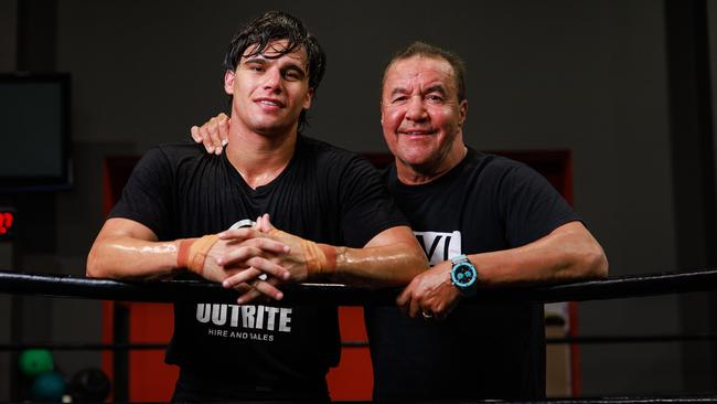 Brock Jarvis (left) and his legendary trainer Jeff Fenech have fallen out again ahead of his protege’s blockbuster fight against American Keith Thurman on March 12. Picture: Justin Lloyd.