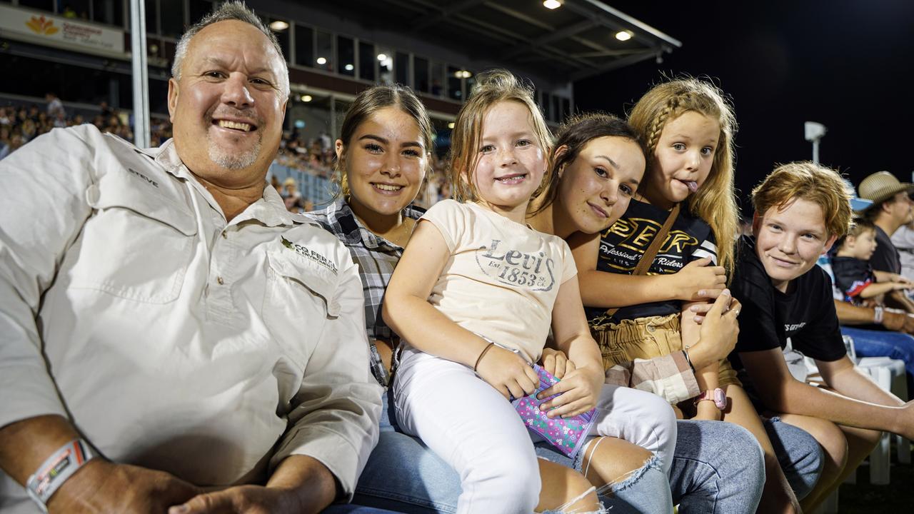 Mirani MP Stephen Andrew with his family (from left): Charli Cross, Violet Swann, 5, daughter Jorja Andrew, Darci Geiger and Angus Lynch at the 2021 PBR Mackay Invitational at BB Print Stadium on Saturday, October 9, 2021. Picture: Heidi Petith