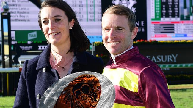 Tommy Berry with Annabel Neasham after Numerian’s win in the Q22. Photo: Grant Peters/Trackside Photography.